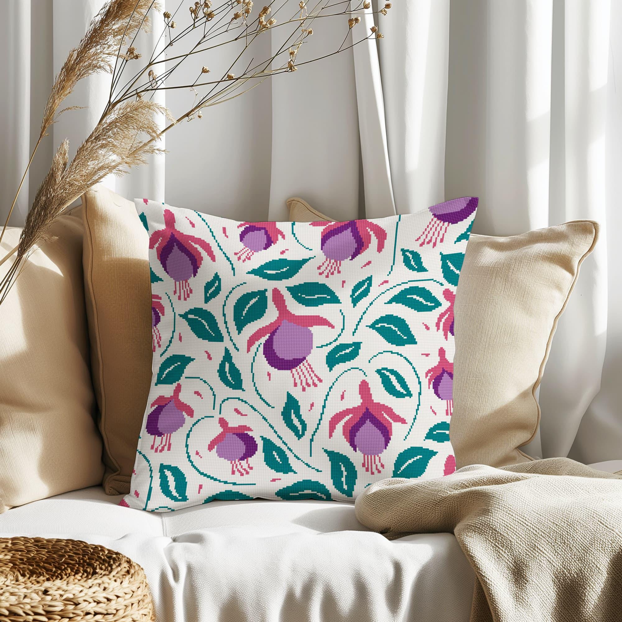 Counted Needlepoint Pillow Pattern Fuchsia Lanterns, Tapestry Cushion Pattern, Download PDF