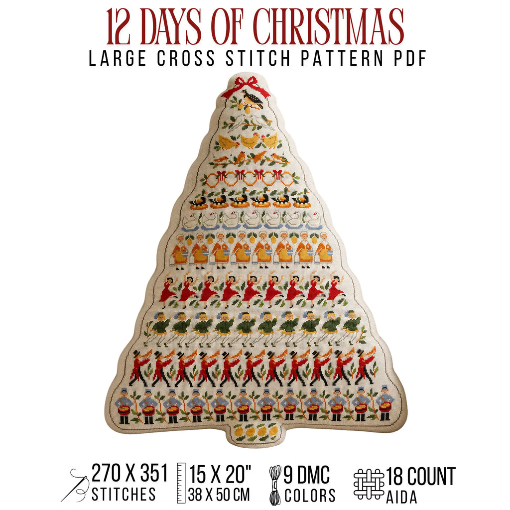 12 Days of Christmas Cross Stitch Pattern PDF, Large Christmas Tree Sampler