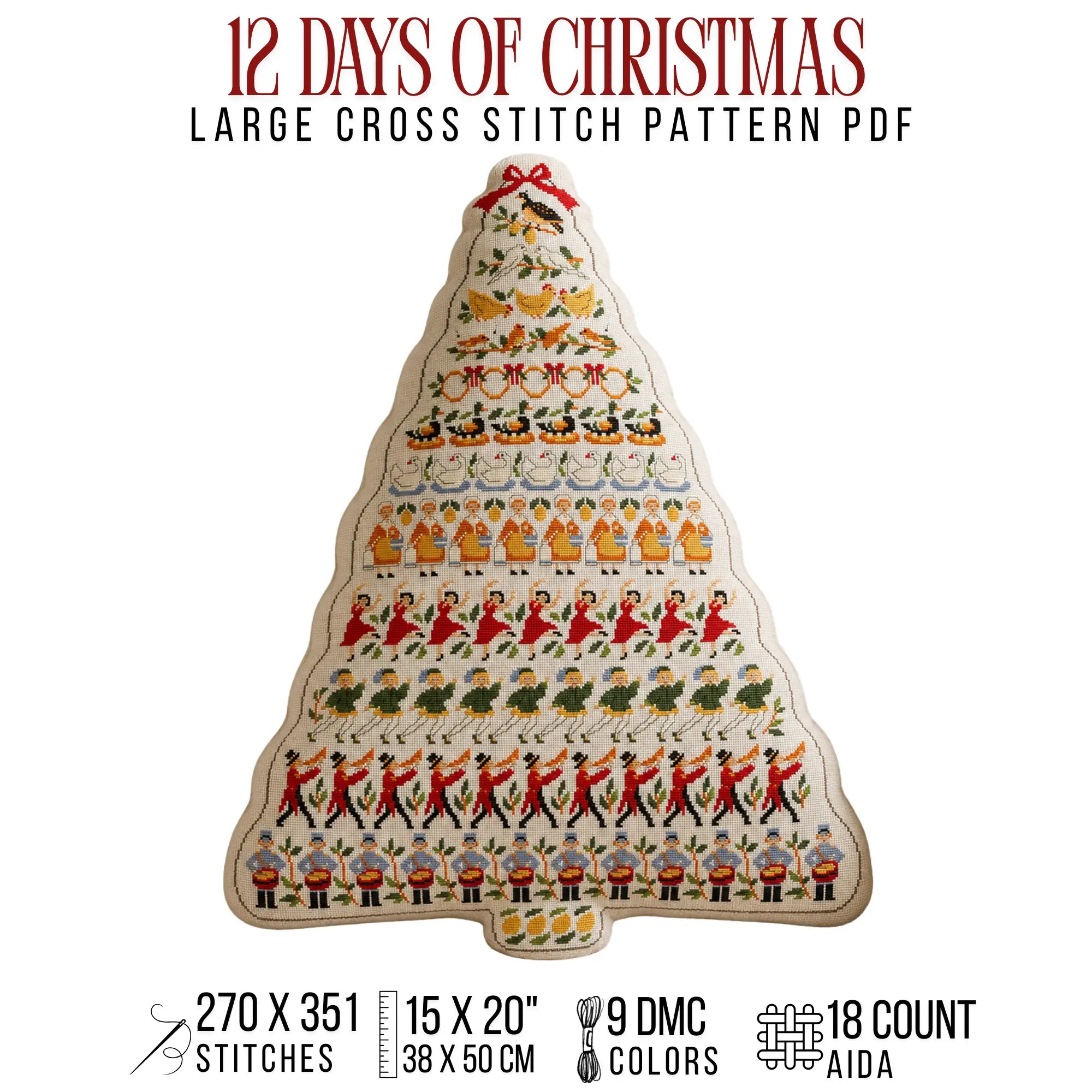 12 Days of Christmas Cross Stitch Pattern PDF, Large Christmas Tree Sampler
