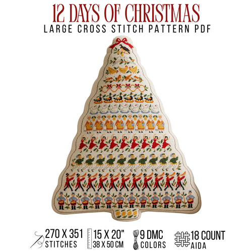 12 Days of Christmas Cross Stitch Pattern PDF, Large Christmas Tree Sampler