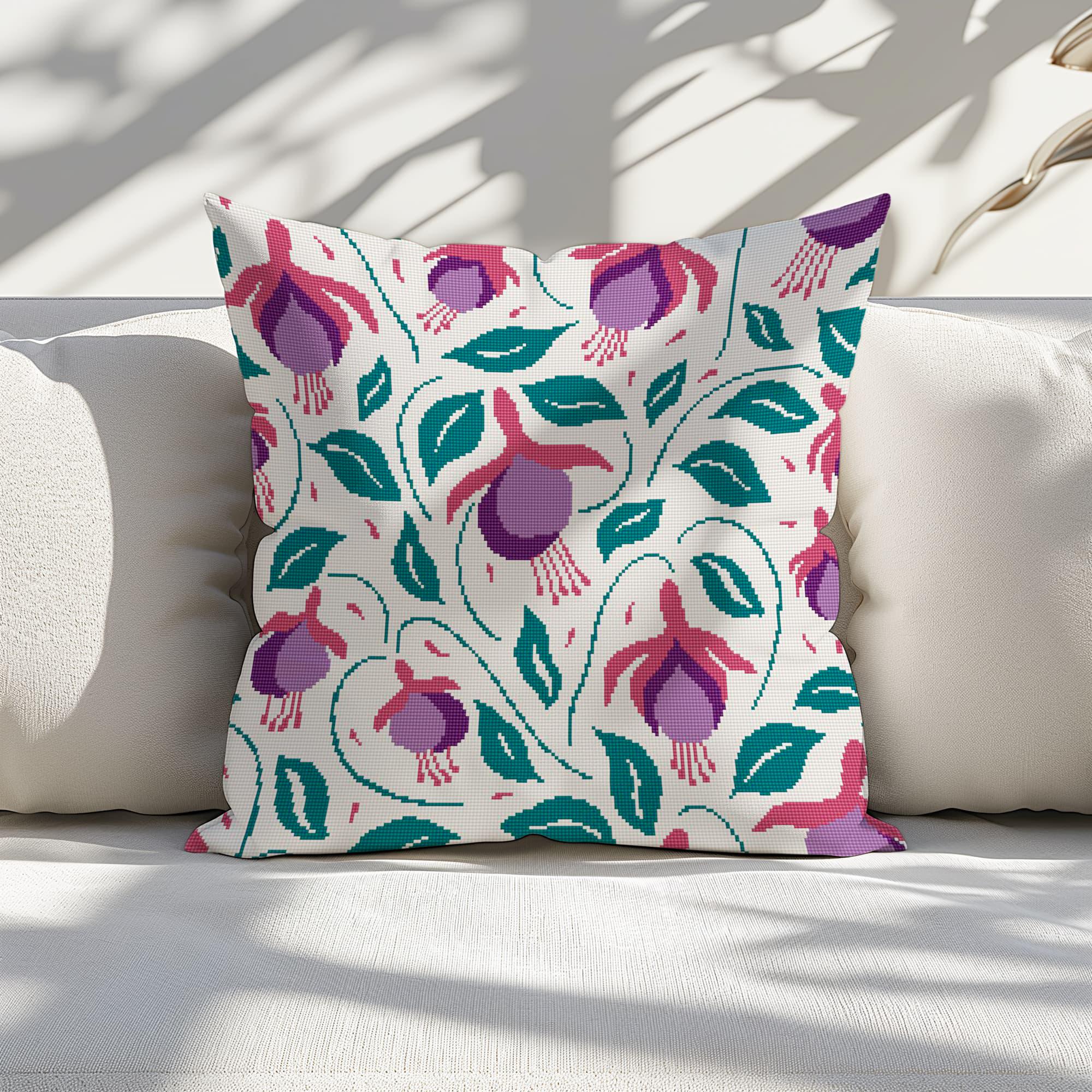 Counted Needlepoint Pillow Pattern Fuchsia Lanterns, Tapestry Cushion Pattern, Download PDF