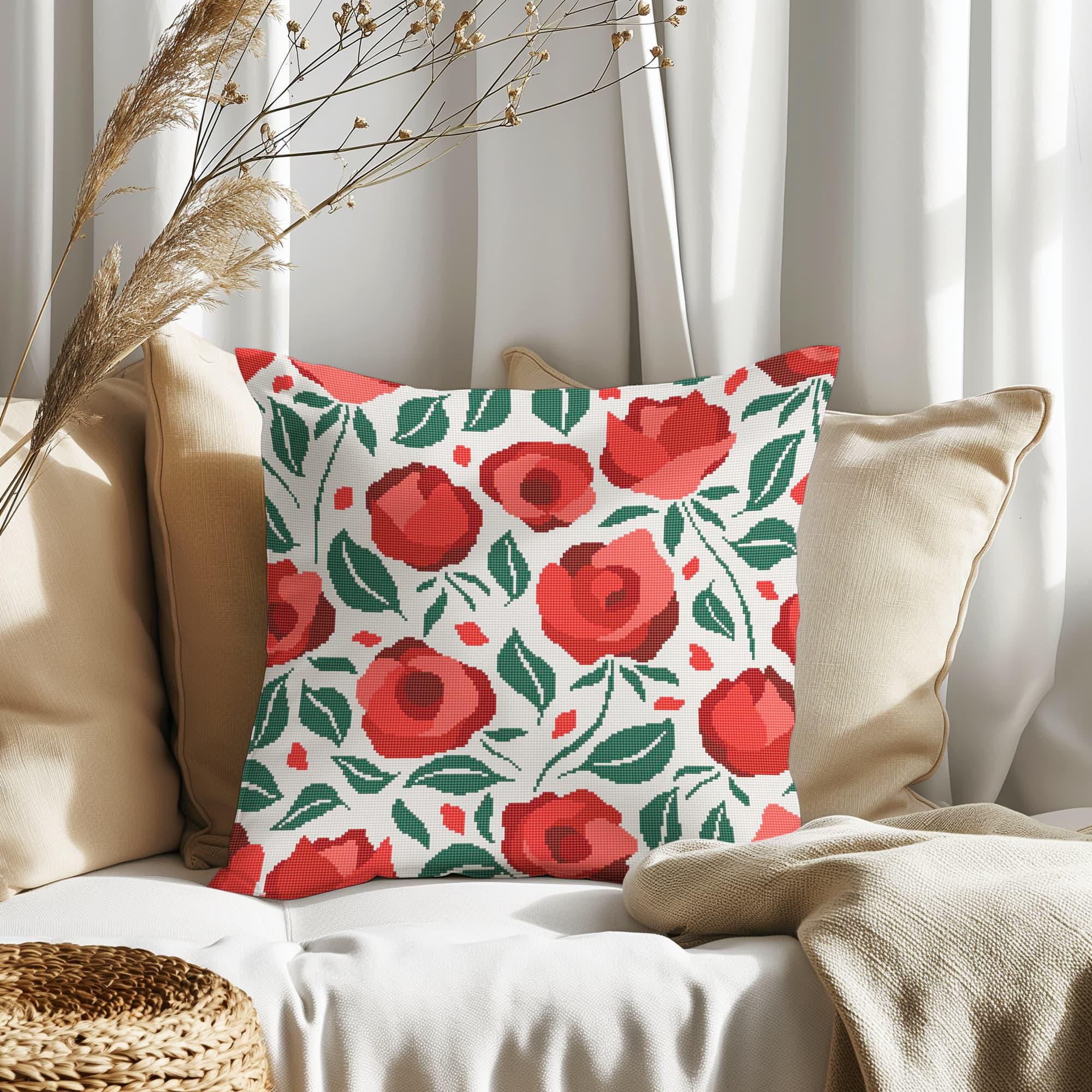 Counted Needlepoint Pillow Pattern Blooming Roses, Tapestry Cushion Pattern, Download PDF