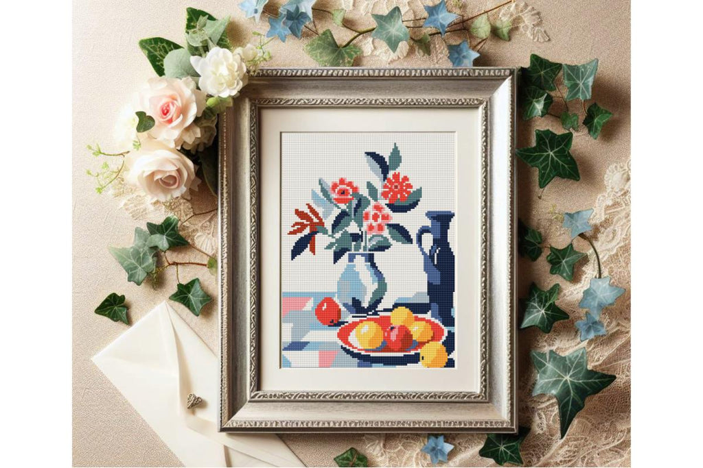 Counted Needlepoint Pattern Red Plate with Fruits, Tapestry Chart (PDF Download)