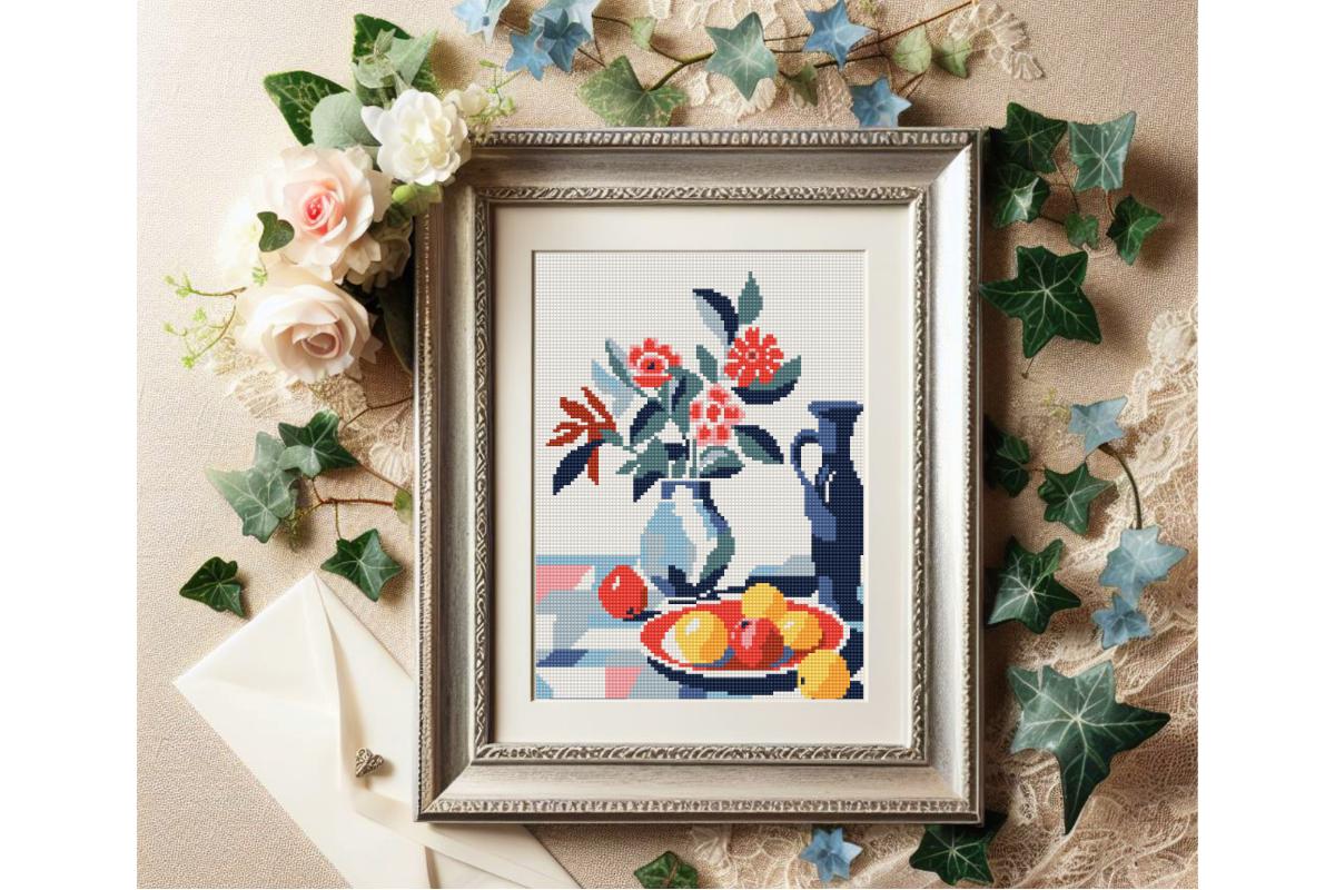 Counted Needlepoint Pattern Red Plate with Fruits, Tapestry Chart (PDF Download)