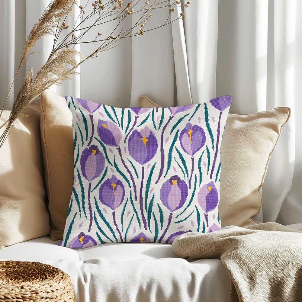 Counted Needlepoint Pillow Pattern Violet Crocuses, Tapestry Cushion Pattern, Download PDF
