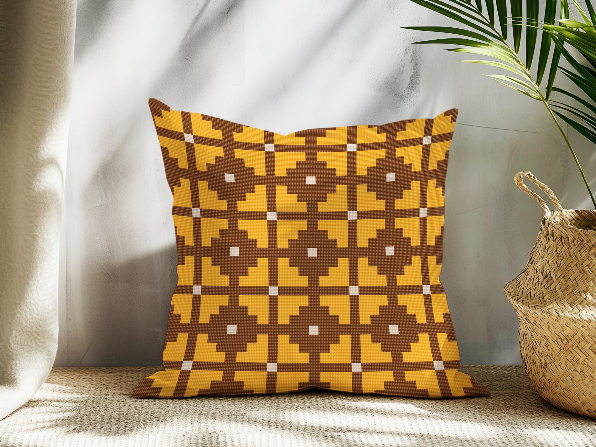 Counted Needlepoint Pillow Pattern Ochre Cross Tiles, Tapestry Cushion Pattern, Download PDF