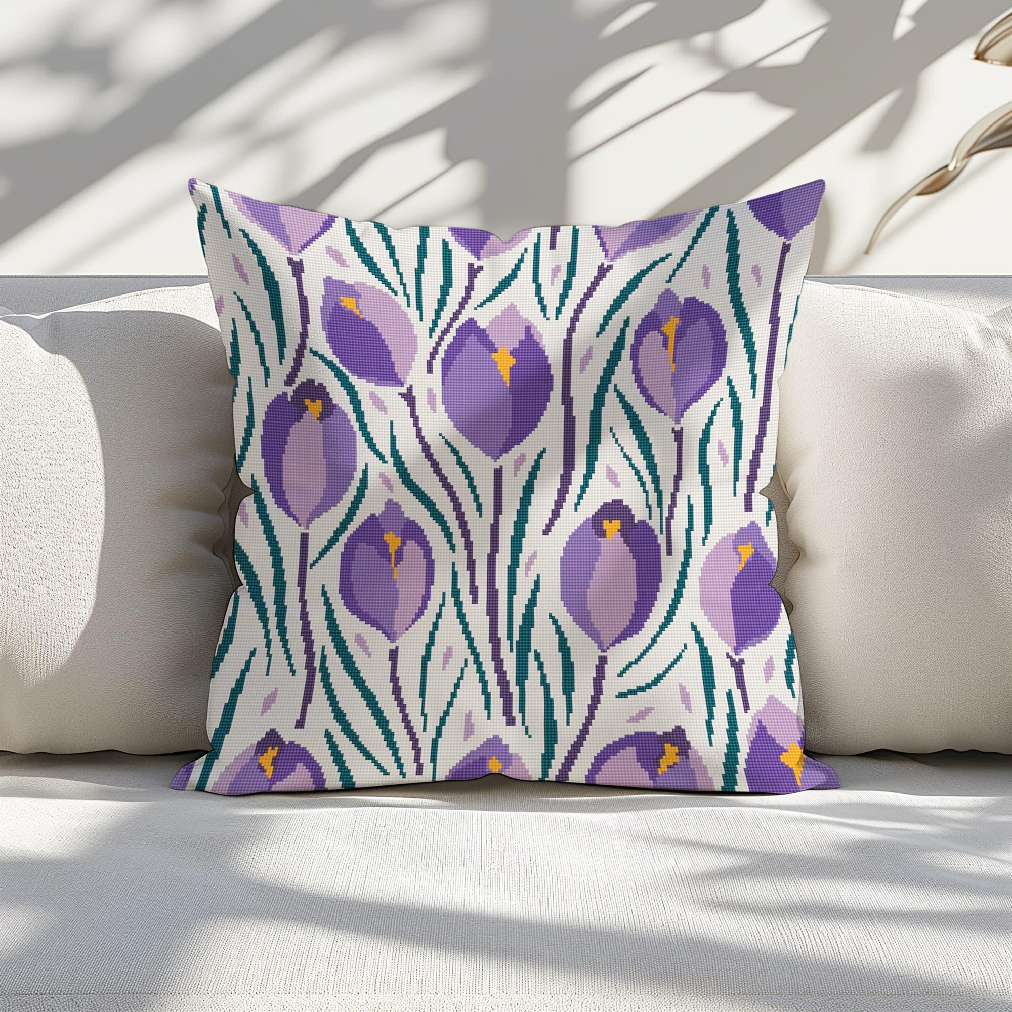 Counted Needlepoint Pillow Pattern Violet Crocuses, Tapestry Cushion Pattern, Download PDF