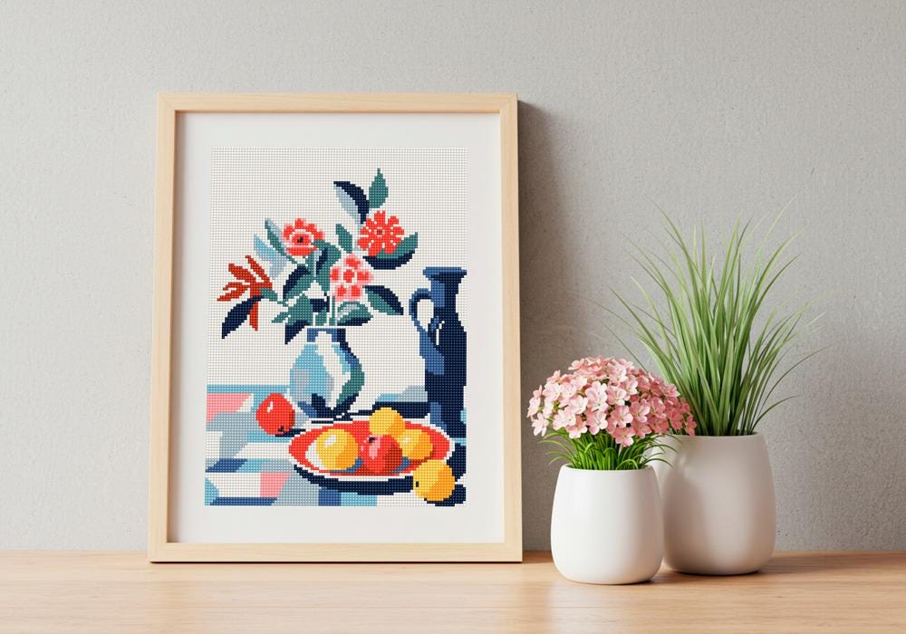 Counted Needlepoint Pattern Red Plate with Fruits, Tapestry Chart (PDF Download)