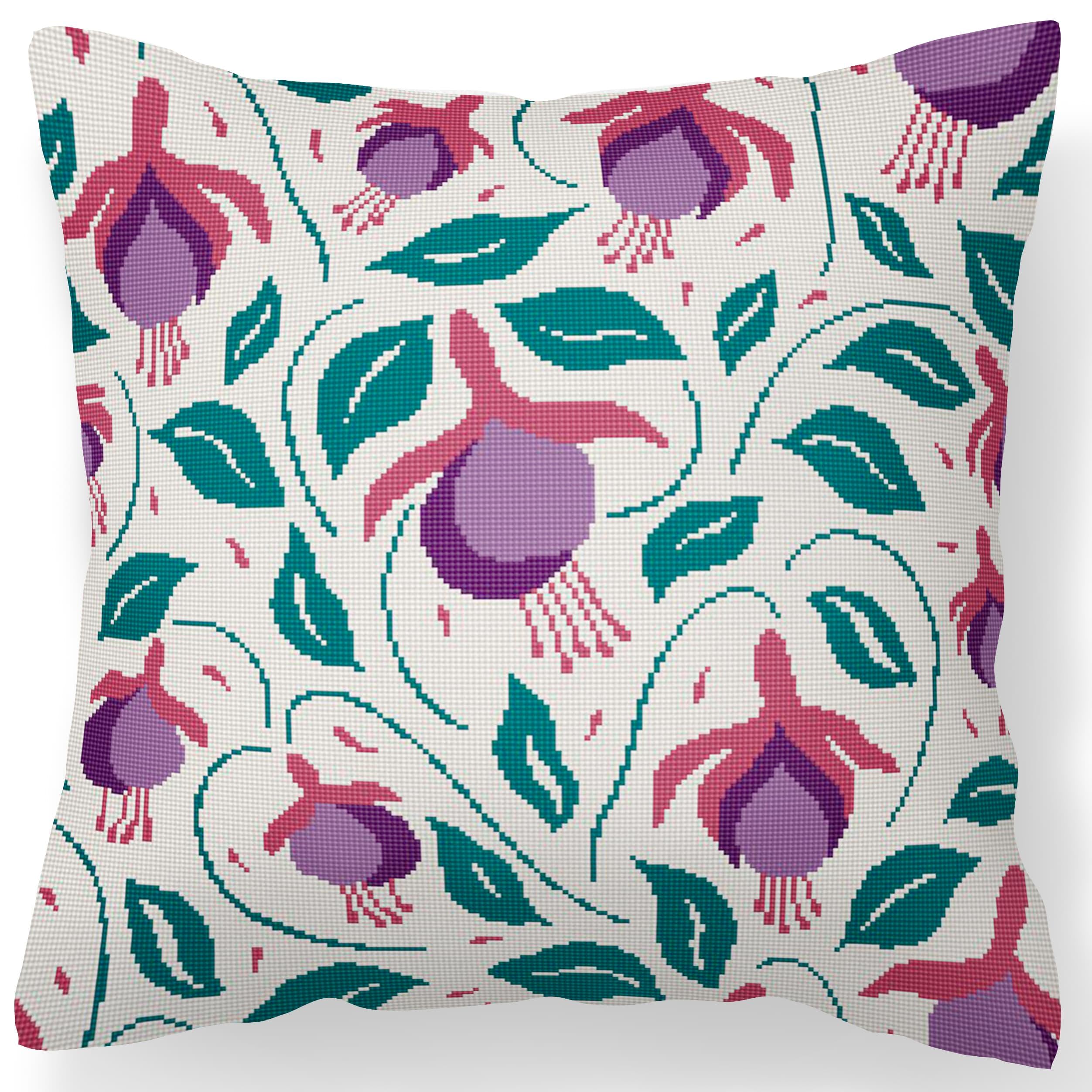 Counted Needlepoint Pillow Pattern Fuchsia Lanterns, Tapestry Cushion Pattern, Download PDF