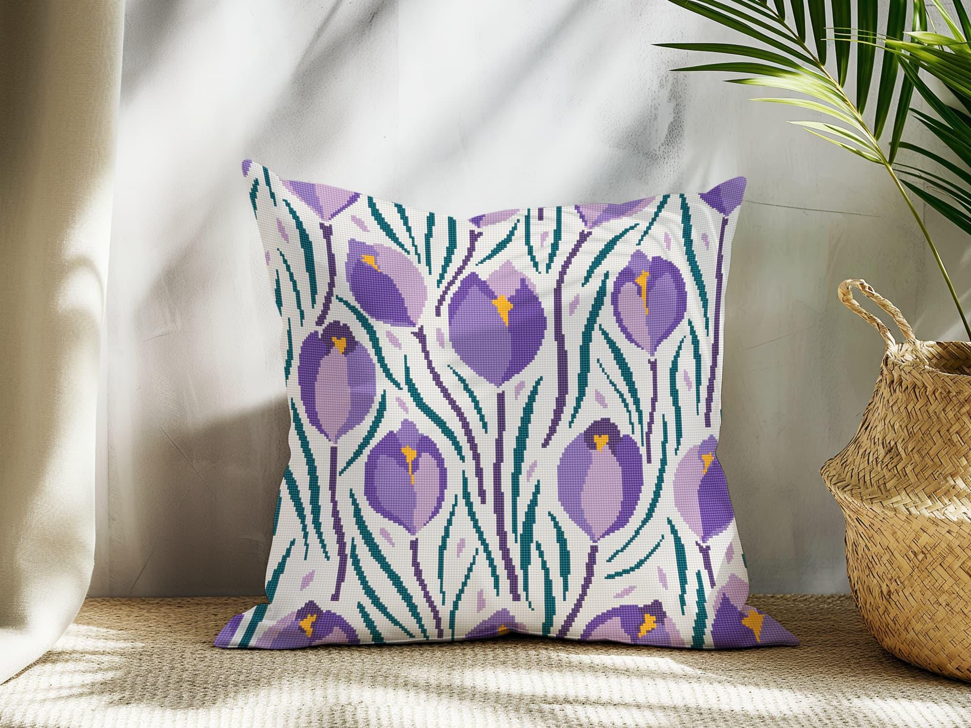 Counted Needlepoint Pillow Pattern Violet Crocuses, Tapestry Cushion Pattern, Download PDF