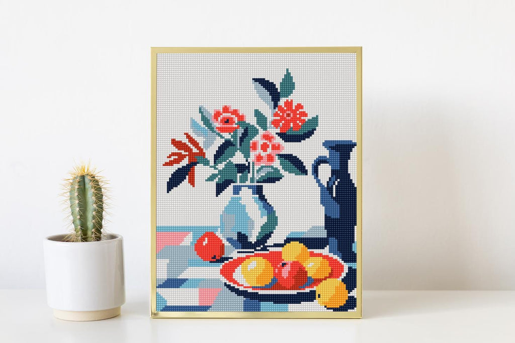 Counted Needlepoint Pattern Red Plate with Fruits, Tapestry Chart (PDF Download)
