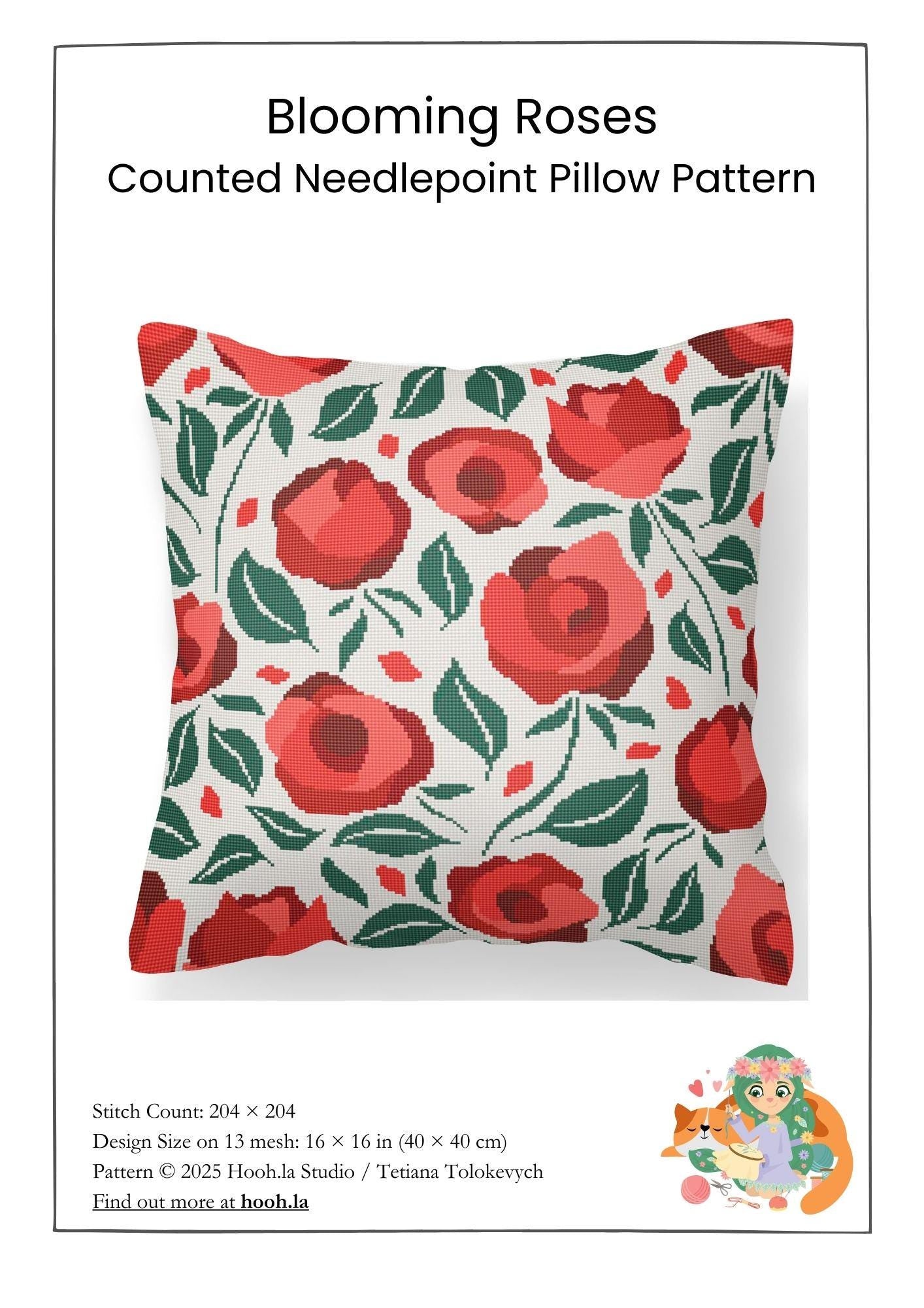 Counted Needlepoint Pillow Pattern Blooming Roses, Tapestry Cushion Pattern, Download PDF