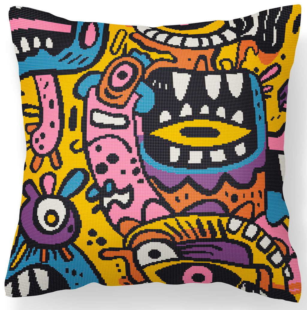 Counted Needlepoint Pillow Pattern Monster Doodle Pop, Tapestry Cushion Pattern, Download PDF