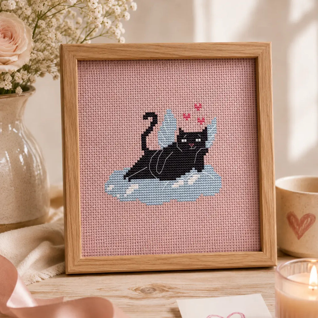 Black Cat Angel Cross Stitch Pattern PDF, Valentine Cat With Hearts Chart