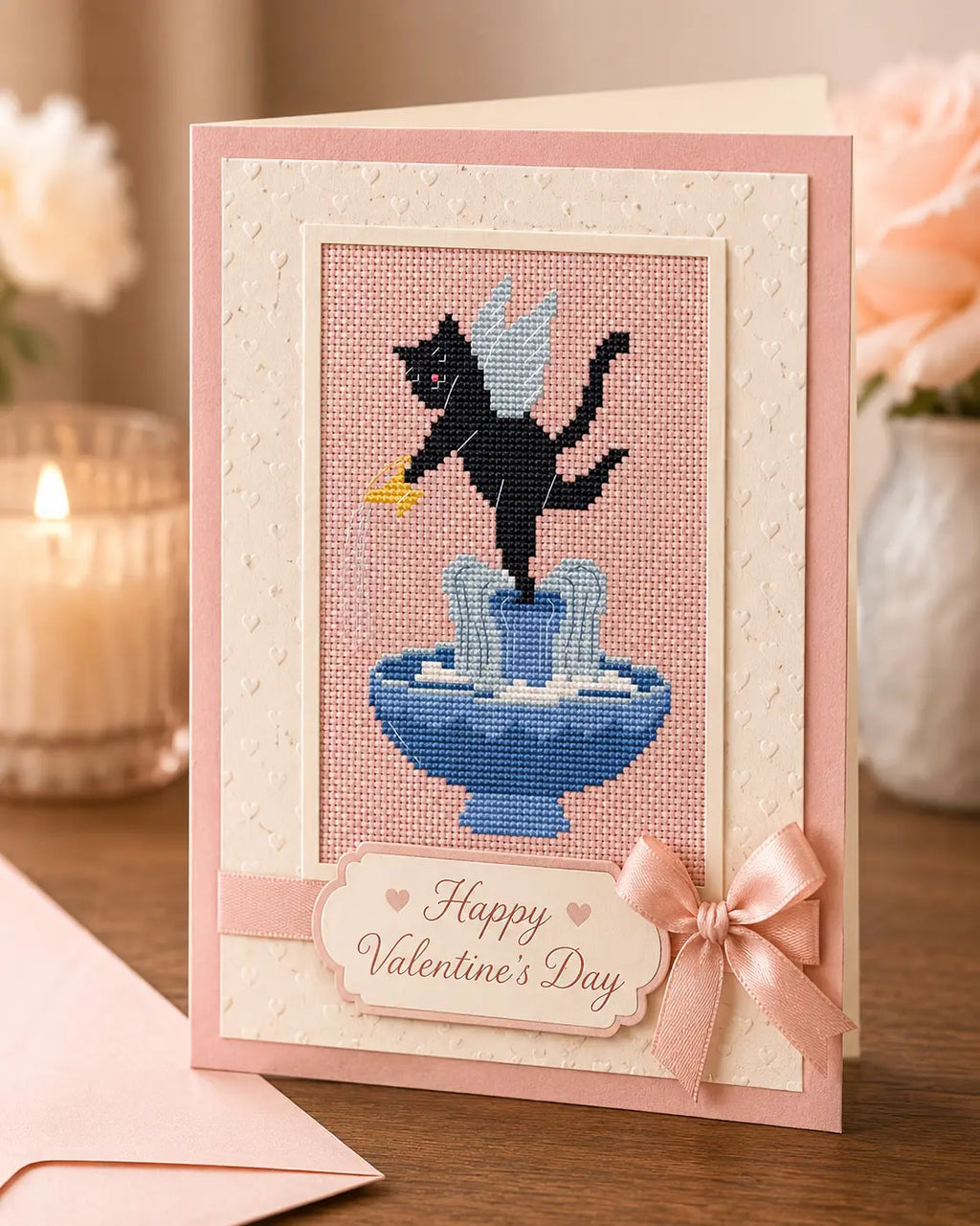 Winged Black Cat Fountain Cross Stitch Pattern PDF, Valentine Angel Cat Chart