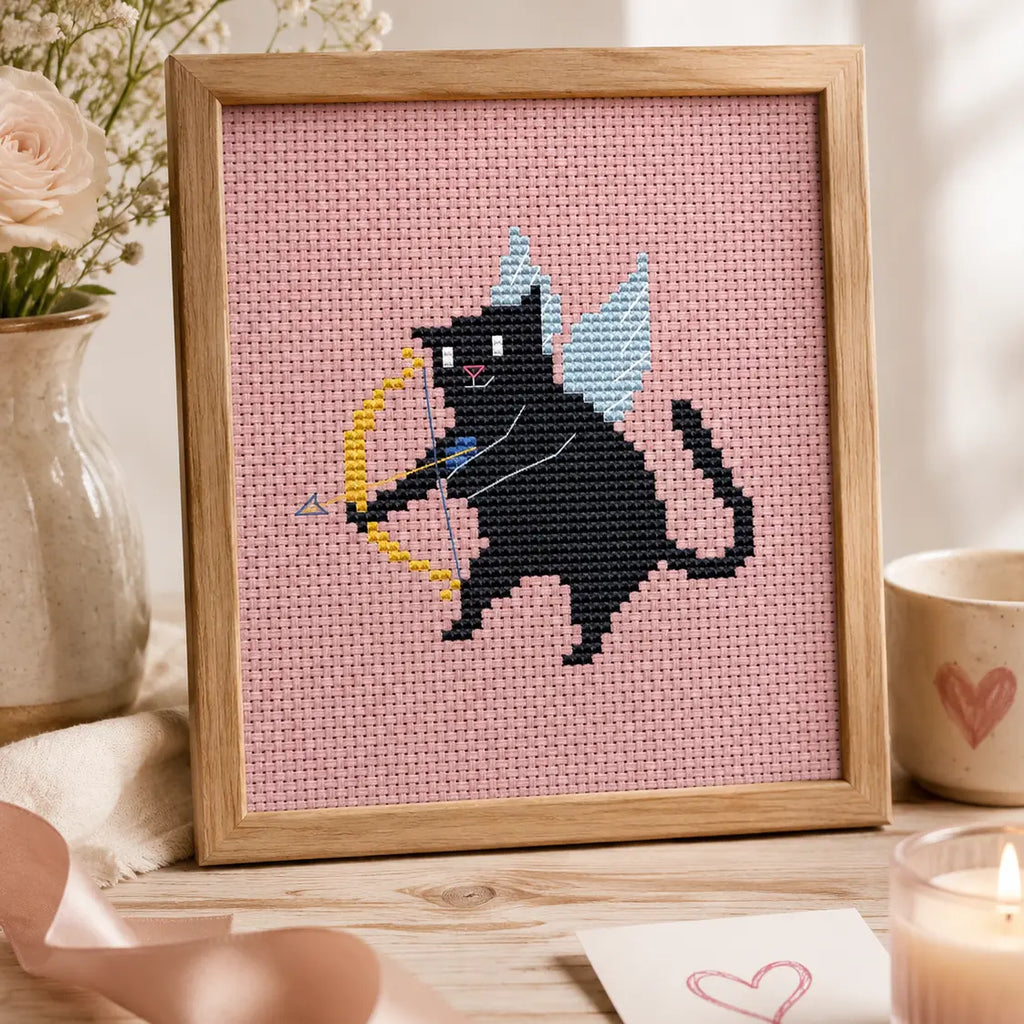 Black Cat Cupid Cross Stitch Pattern PDF, Valentine Cat With Wings Chart