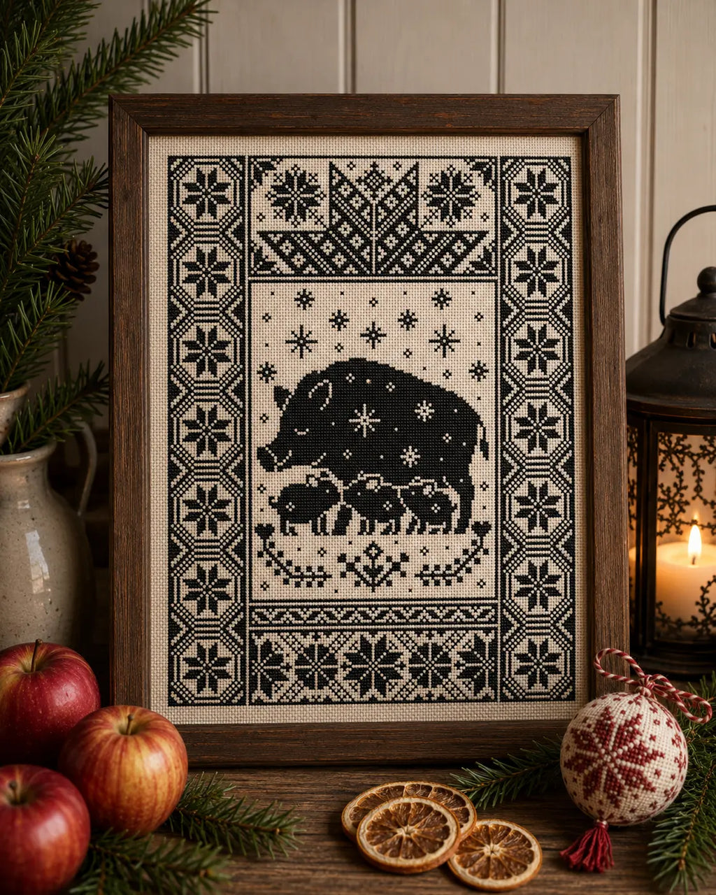 Yule Pig Family Cross Stitch Pattern PDF, Nordic Christmas Boar Sampler