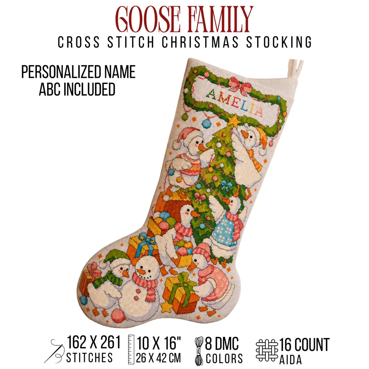 Christmas Stocking Cross Stitch Pattern PDF, Goose Family Counted Chart with Personalized Name Cuff