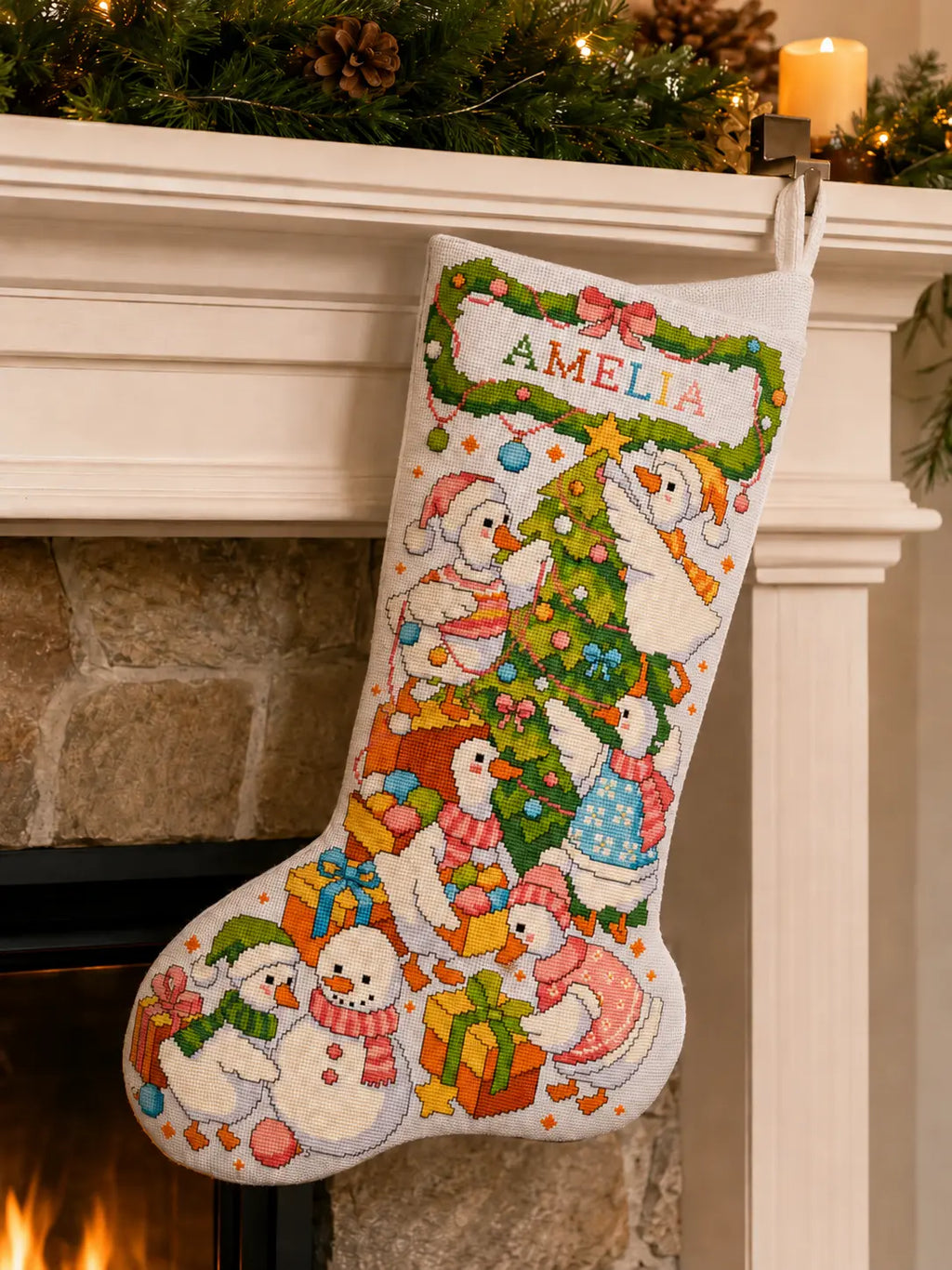 Christmas Stocking Cross Stitch Pattern PDF, Goose Family Counted Chart with Personalized Name Cuff