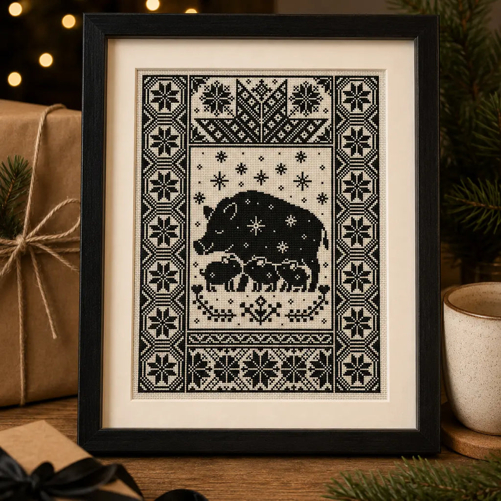 Yule Pig Family Cross Stitch Pattern PDF, Nordic Christmas Boar Sampler