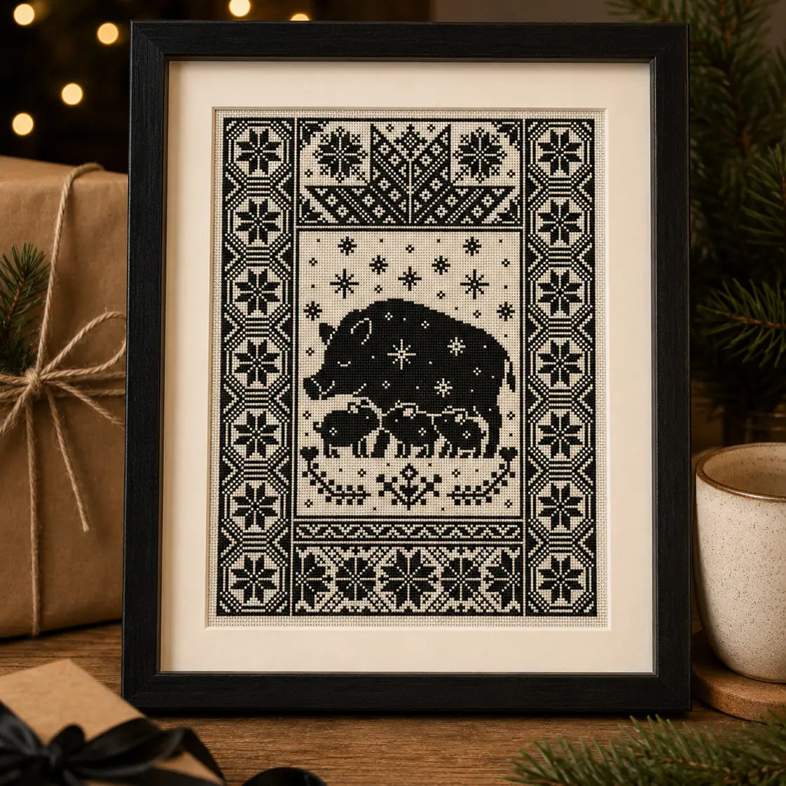 Yule Pig Family Cross Stitch Pattern PDF, Nordic Christmas Boar Sampler