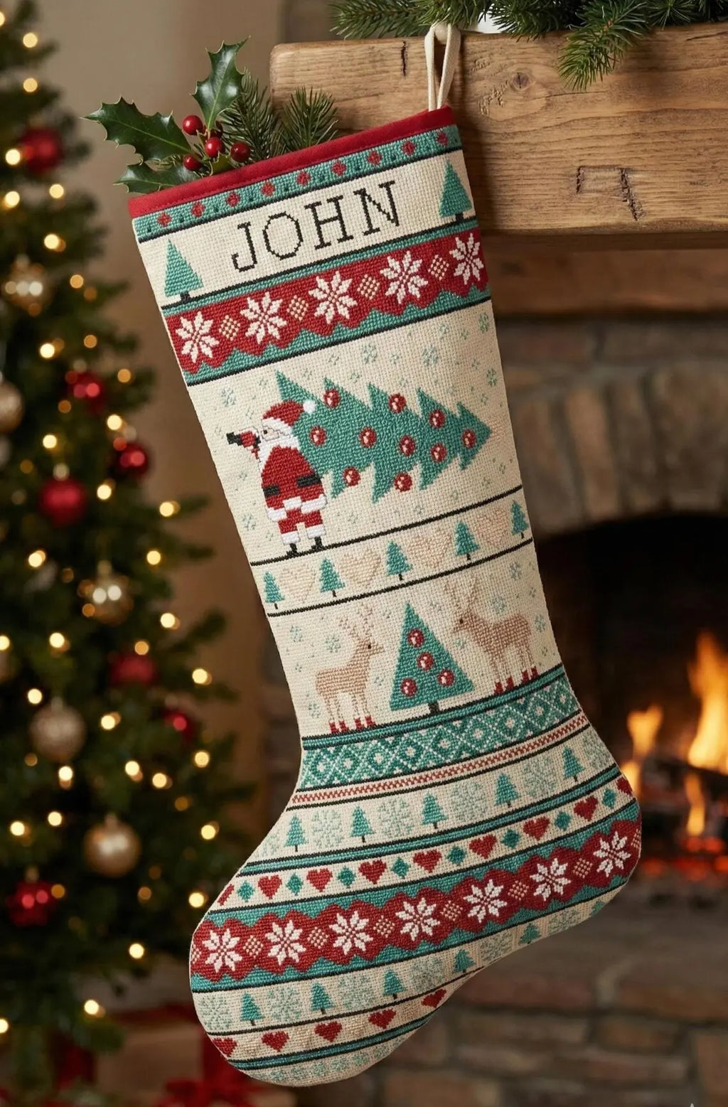 Cross Stitch Christmas Stocking Pattern PDF, Nordic Santa Personalized Name Chart