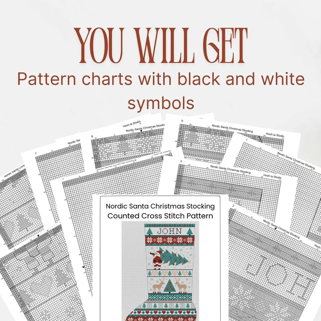 Cross Stitch Christmas Stocking Pattern PDF, Nordic Santa Personalized Name Chart