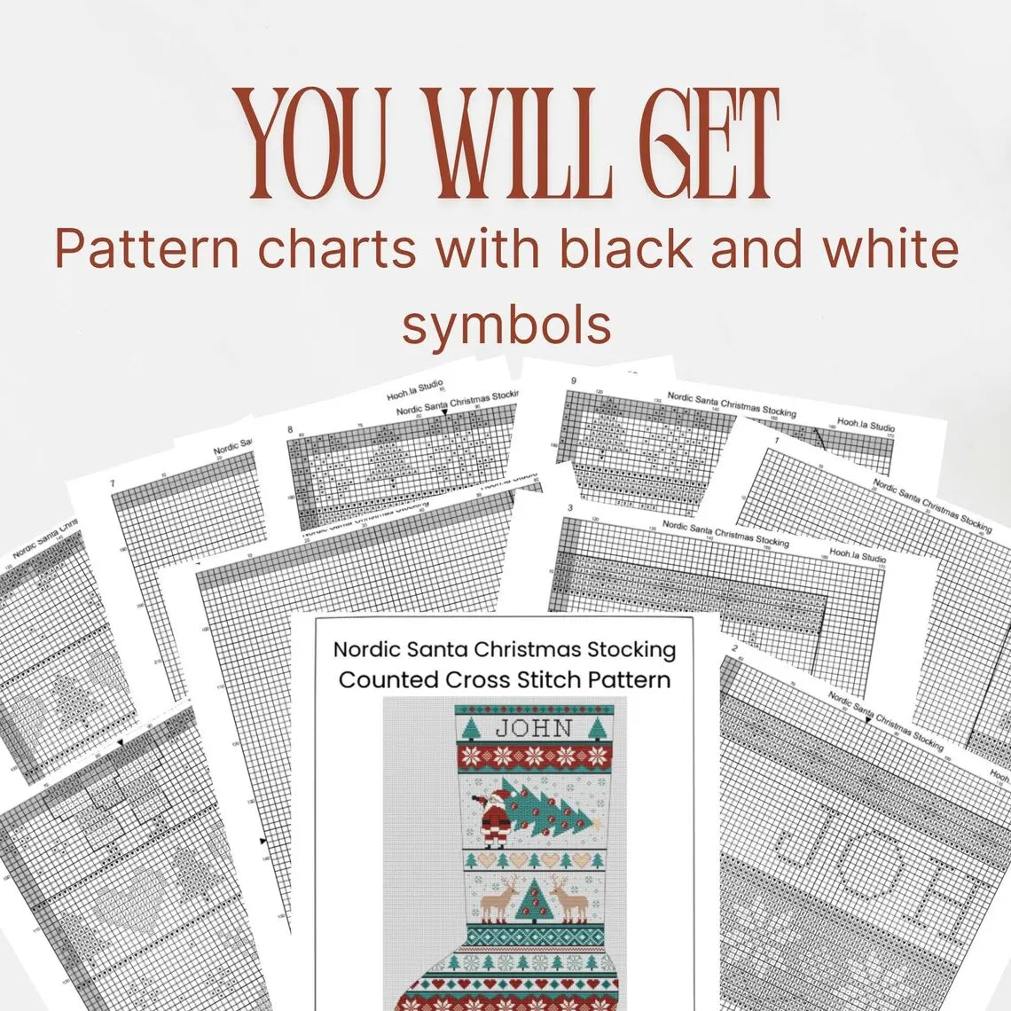 Cross Stitch Christmas Stocking Pattern PDF, Nordic Santa Personalized Name Chart