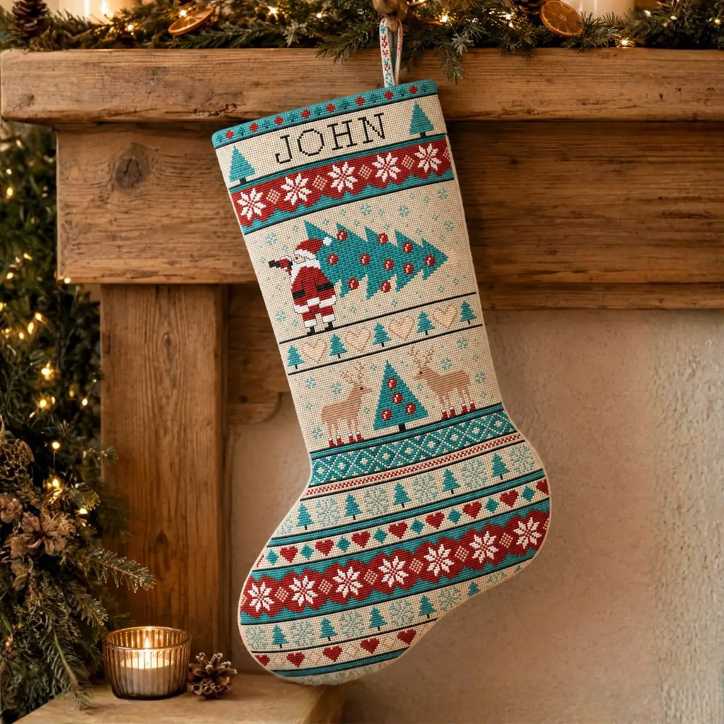Cross Stitch Christmas Stocking Pattern PDF, Nordic Santa Personalized Name Chart