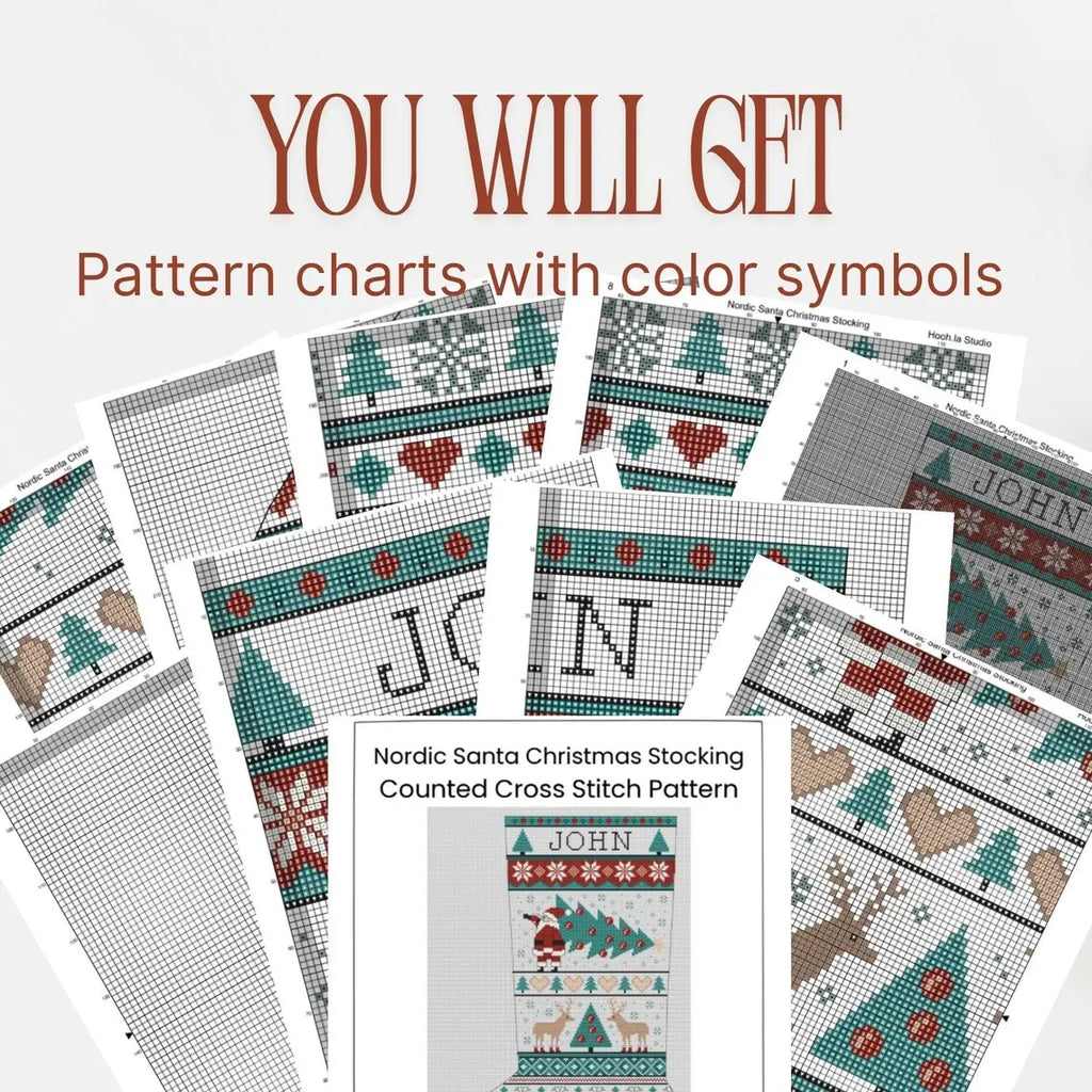 Cross Stitch Christmas Stocking Pattern PDF, Nordic Santa Personalized Name Chart