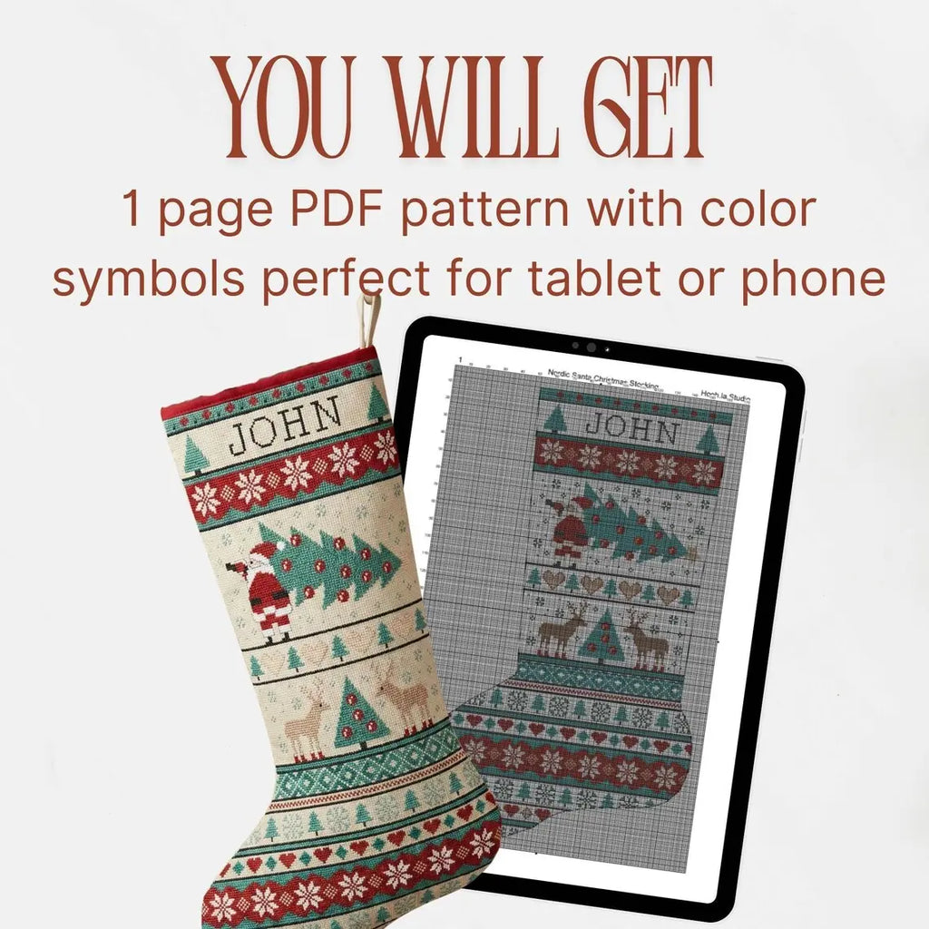 Cross Stitch Christmas Stocking Pattern PDF, Nordic Santa Personalized Name Chart