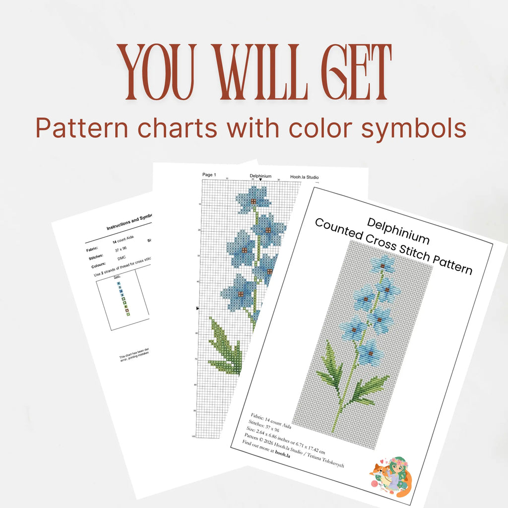 Delphinium Cross Stitch Pattern PDF, July Birth Flower Small Floral Chart