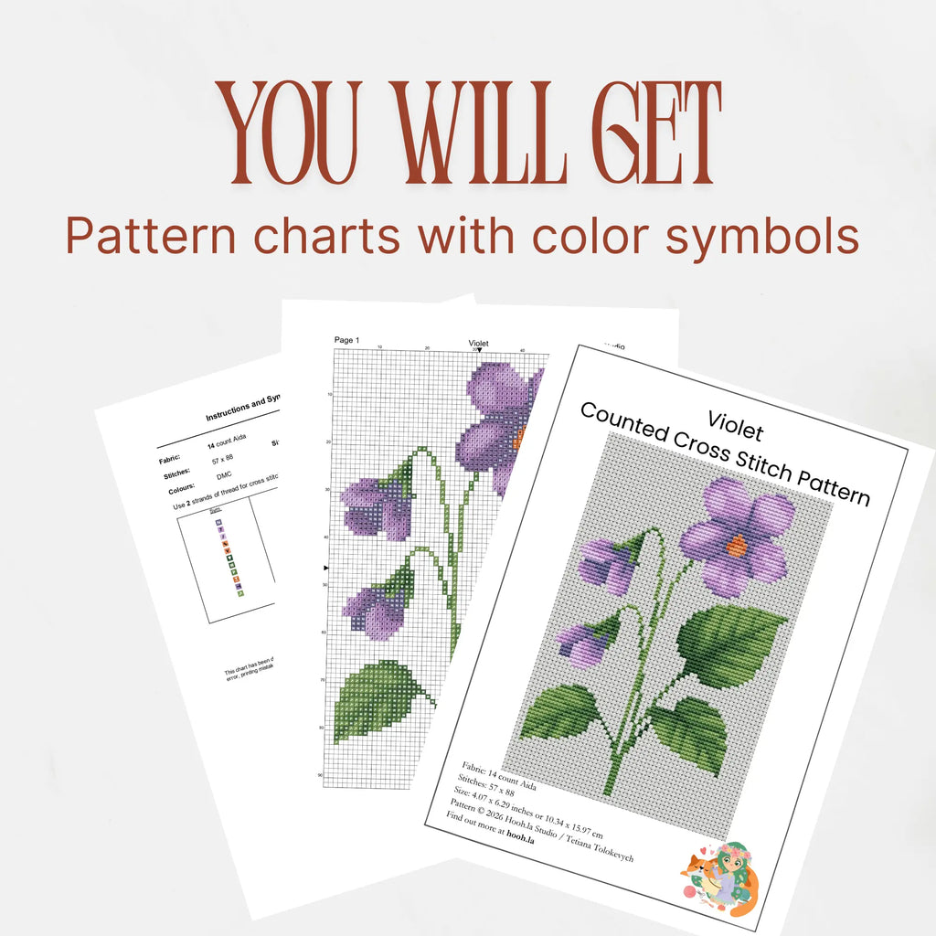 Violet Flower Cross Stitch Pattern PDF, Small Spring Floral Chart