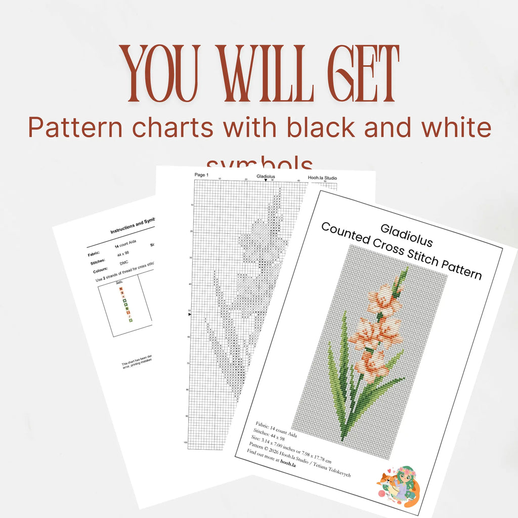 Gladiolus Cross Stitch Pattern PDF, August Birth Flower Small Floral Chart