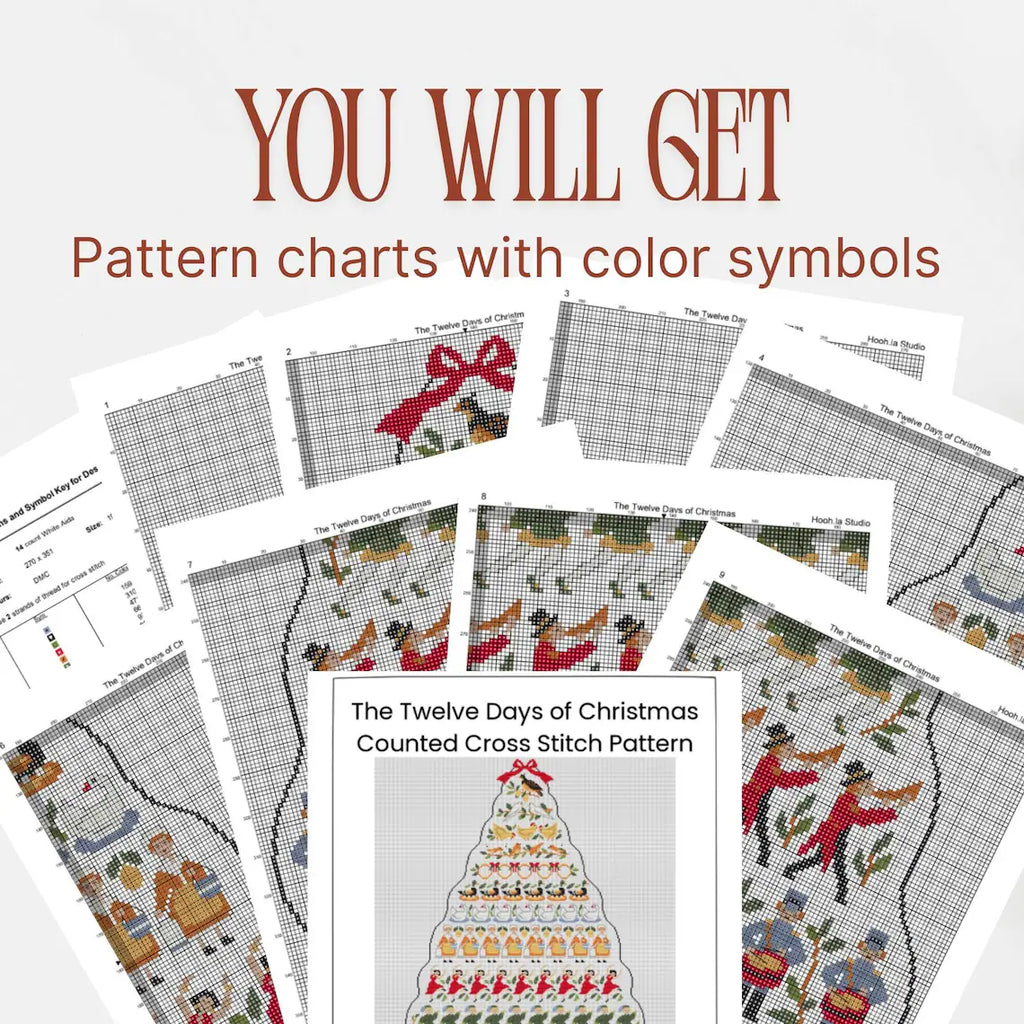 12 Days of Christmas Cross Stitch Pattern PDF, Large Christmas Tree Sampler