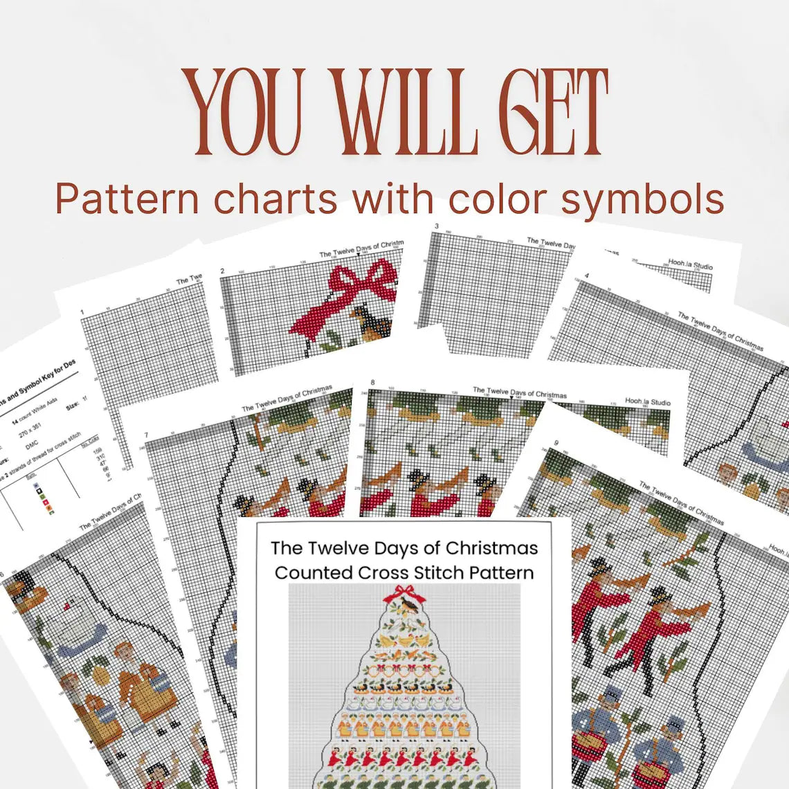 12 Days of Christmas Cross Stitch Pattern PDF, Large Christmas Tree Sampler