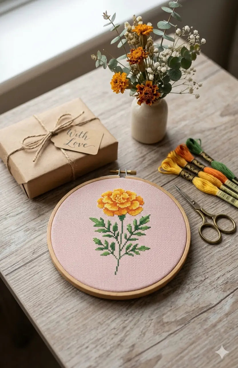 Marigold Cross Stitch Pattern PDF, October Birth Flower