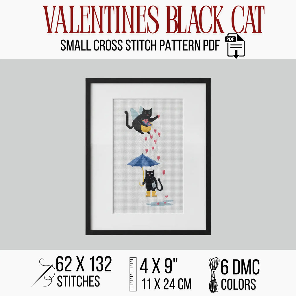 Valentine Black Cat Cross Stitch Pattern PDF, Cupid Cat Umbrella Chart