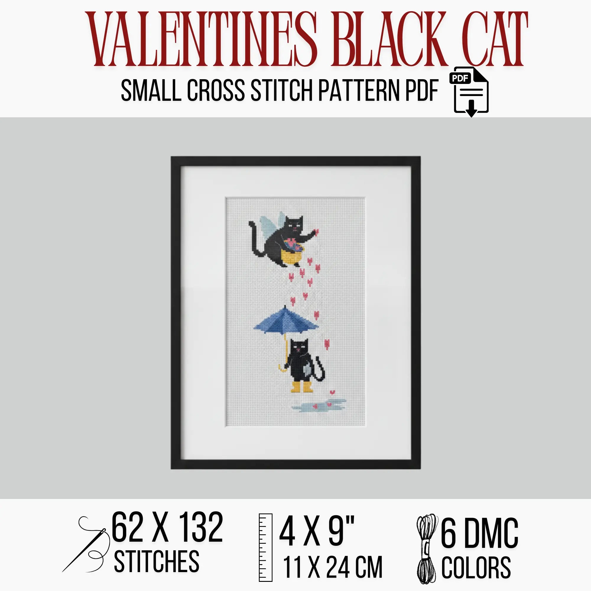 Valentine Black Cat Cross Stitch Pattern PDF, Cupid Cat Umbrella Chart