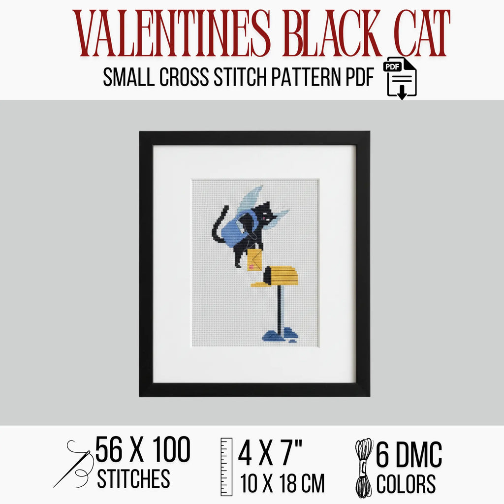 Winged Black Cat Cross Stitch Pattern PDF, Valentine Mailbox Design