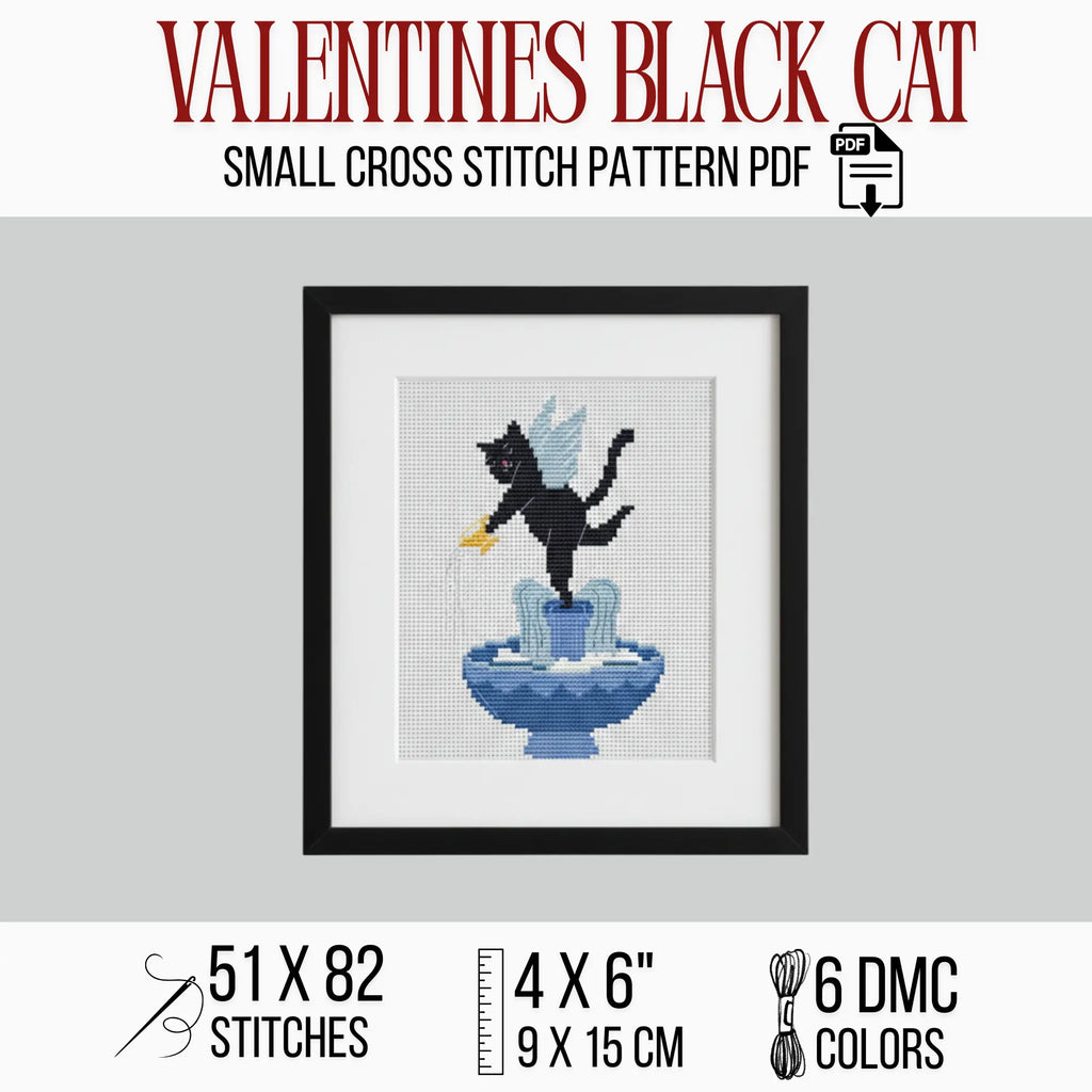 Winged Black Cat Fountain Cross Stitch Pattern PDF, Valentine Angel Cat Chart