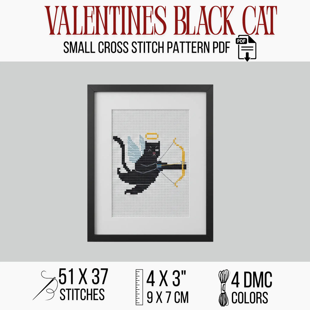 Black Cat Cupid Cross Stitch Pattern PDF, Valentine Cat With Bow Chart