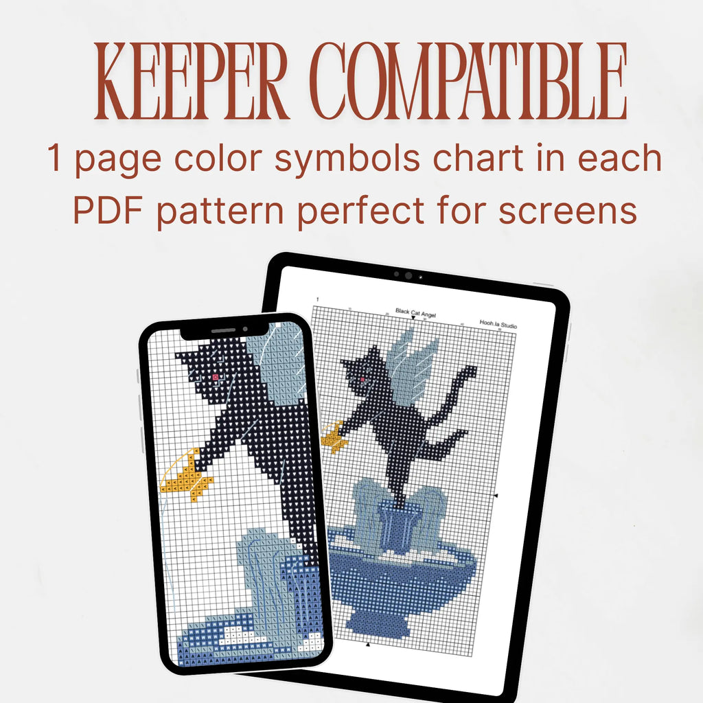 Winged Black Cat Fountain Cross Stitch Pattern PDF, Valentine Angel Cat Chart