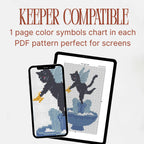 Winged Black Cat Fountain Cross Stitch Pattern PDF, Valentine Angel Cat Chart