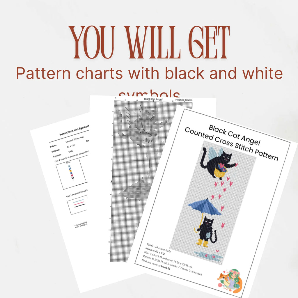 Valentine Black Cat Cross Stitch Pattern PDF, Cupid Cat Umbrella Chart