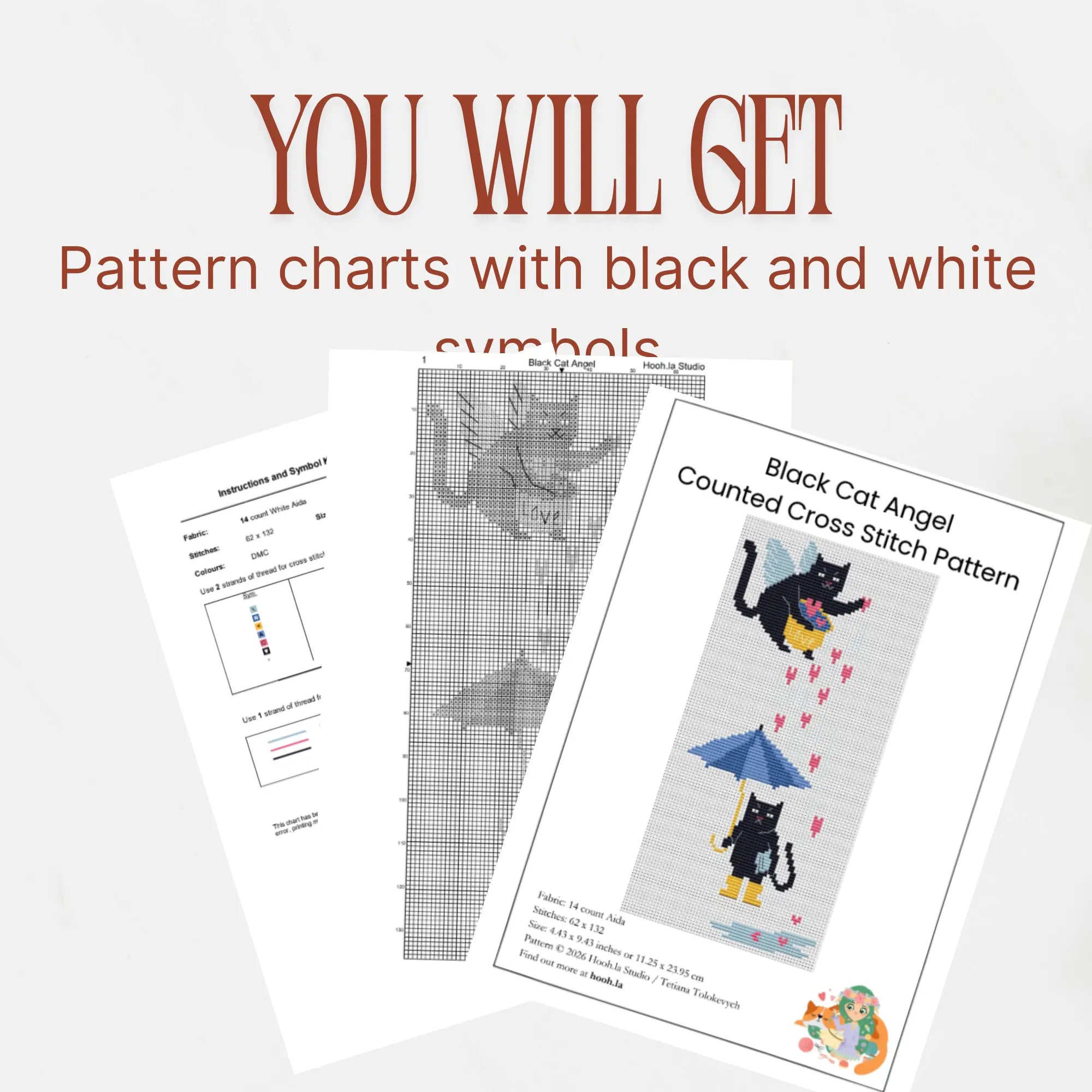 Valentine Black Cat Cross Stitch Pattern PDF, Cupid Cat Umbrella Chart