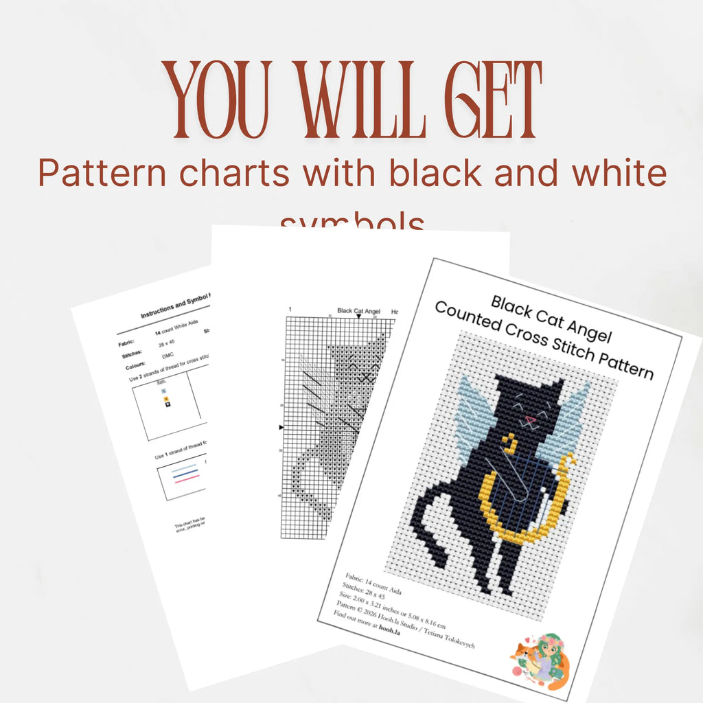 Angel Cat With Harp Cross Stitch Pattern PDF, Black Cat Angel Mini Chart