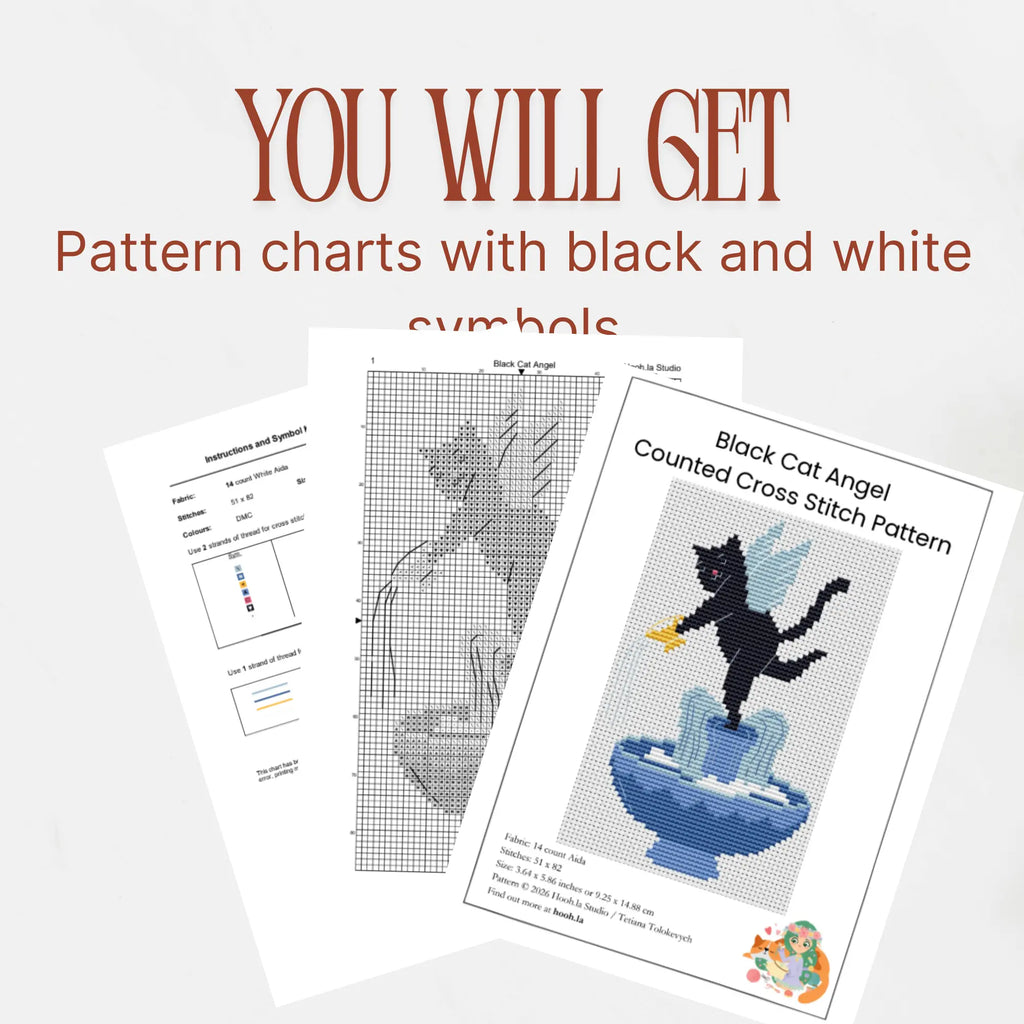 Winged Black Cat Fountain Cross Stitch Pattern PDF, Valentine Angel Cat Chart