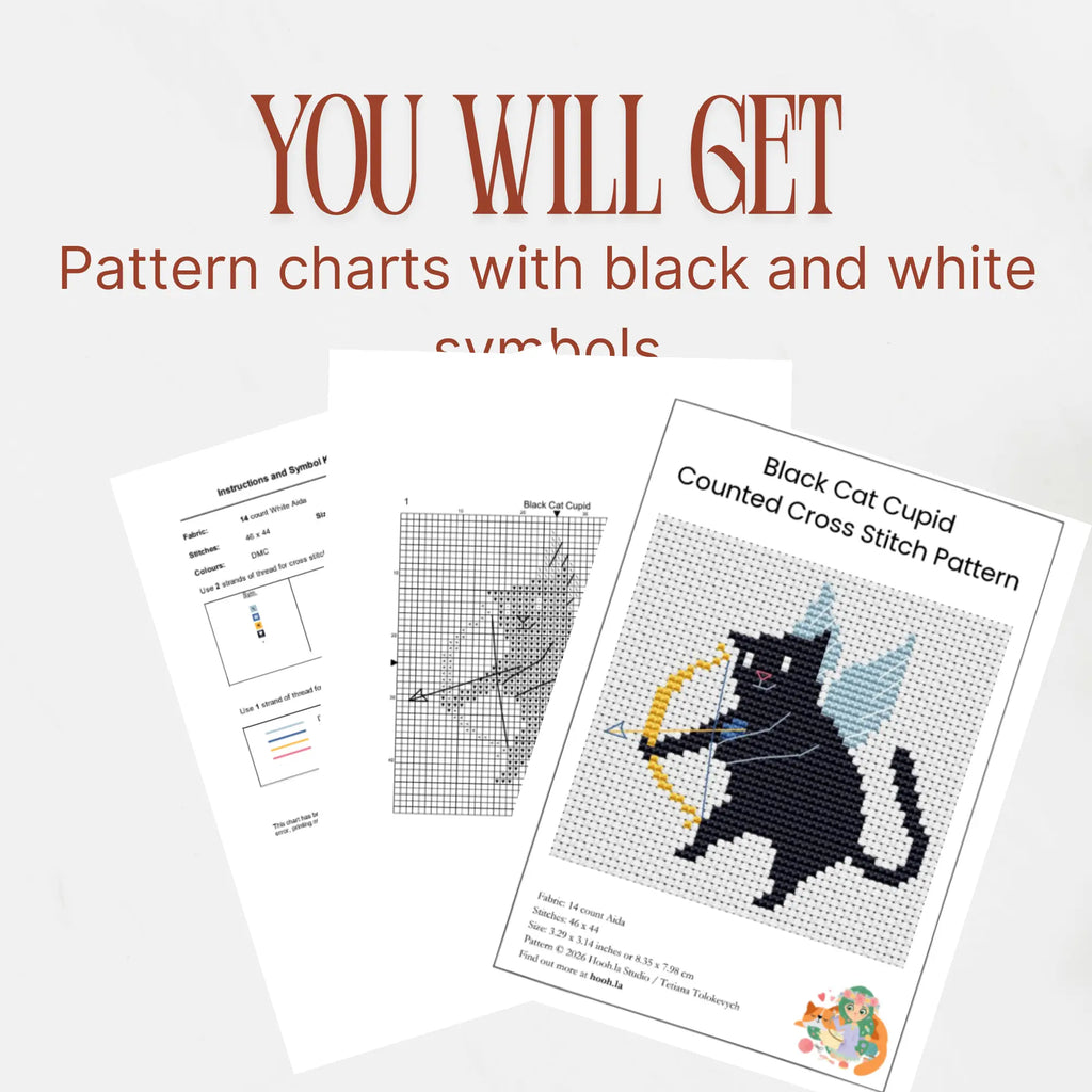 Black Cat Cupid Cross Stitch Pattern PDF, Valentine Cat With Wings Chart