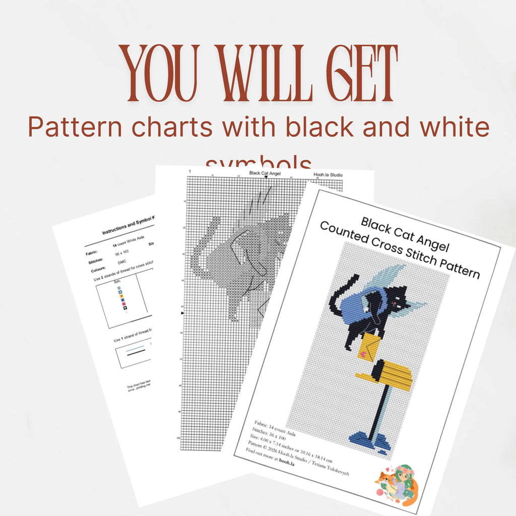 Winged Black Cat Cross Stitch Pattern PDF, Valentine Mailbox Design